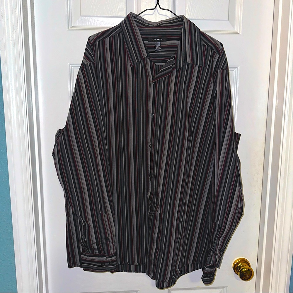 Claiborne 2XL  Black Gray Maroon Striped Men Shirt 100% Cotton Button Down L/S